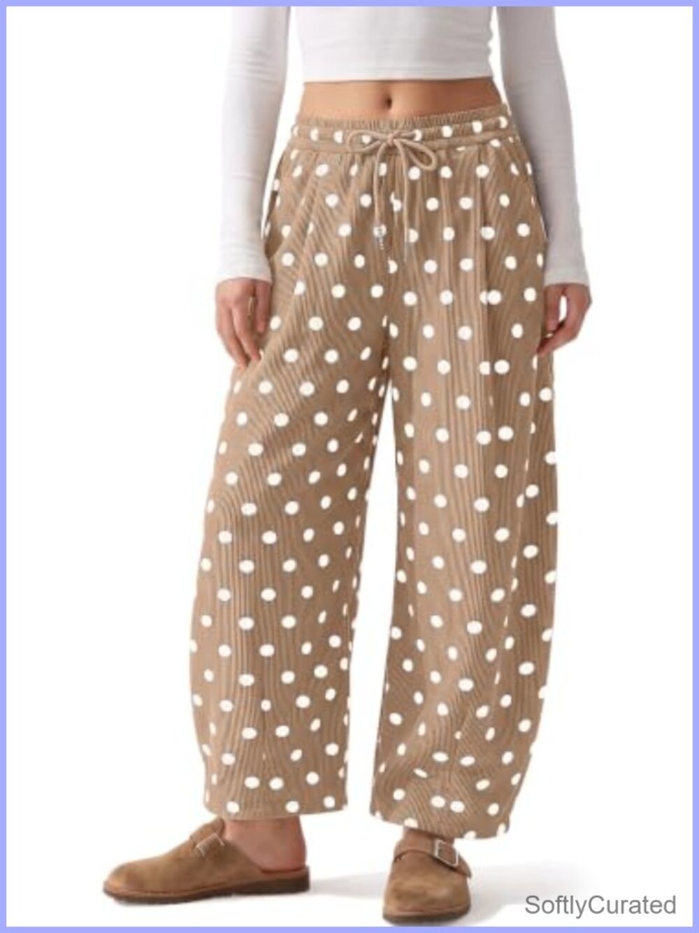 Corduroy Barrel Pants Wide Leg Polka Dot High Waist Drawstring Pocket